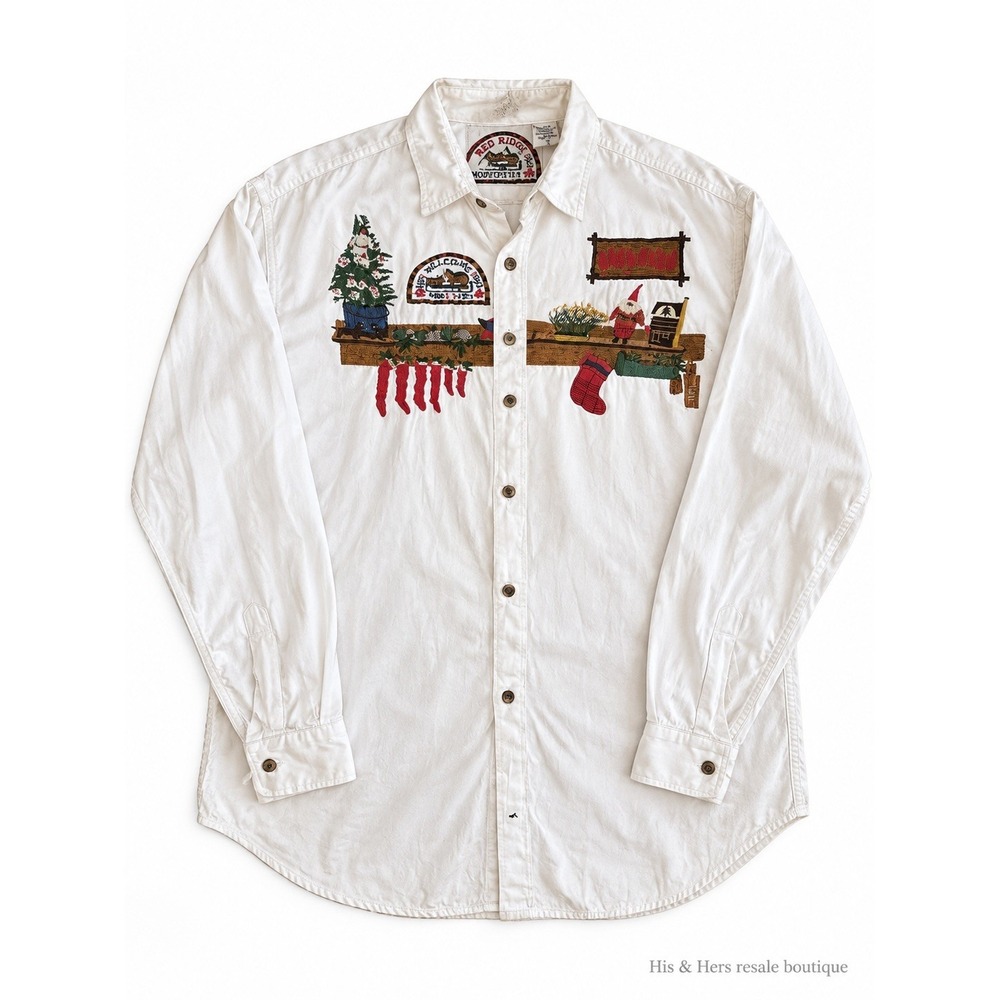 Vintage Red Ridge Mountains Outfitters Christmas Embroidered Button Up Shirt Men